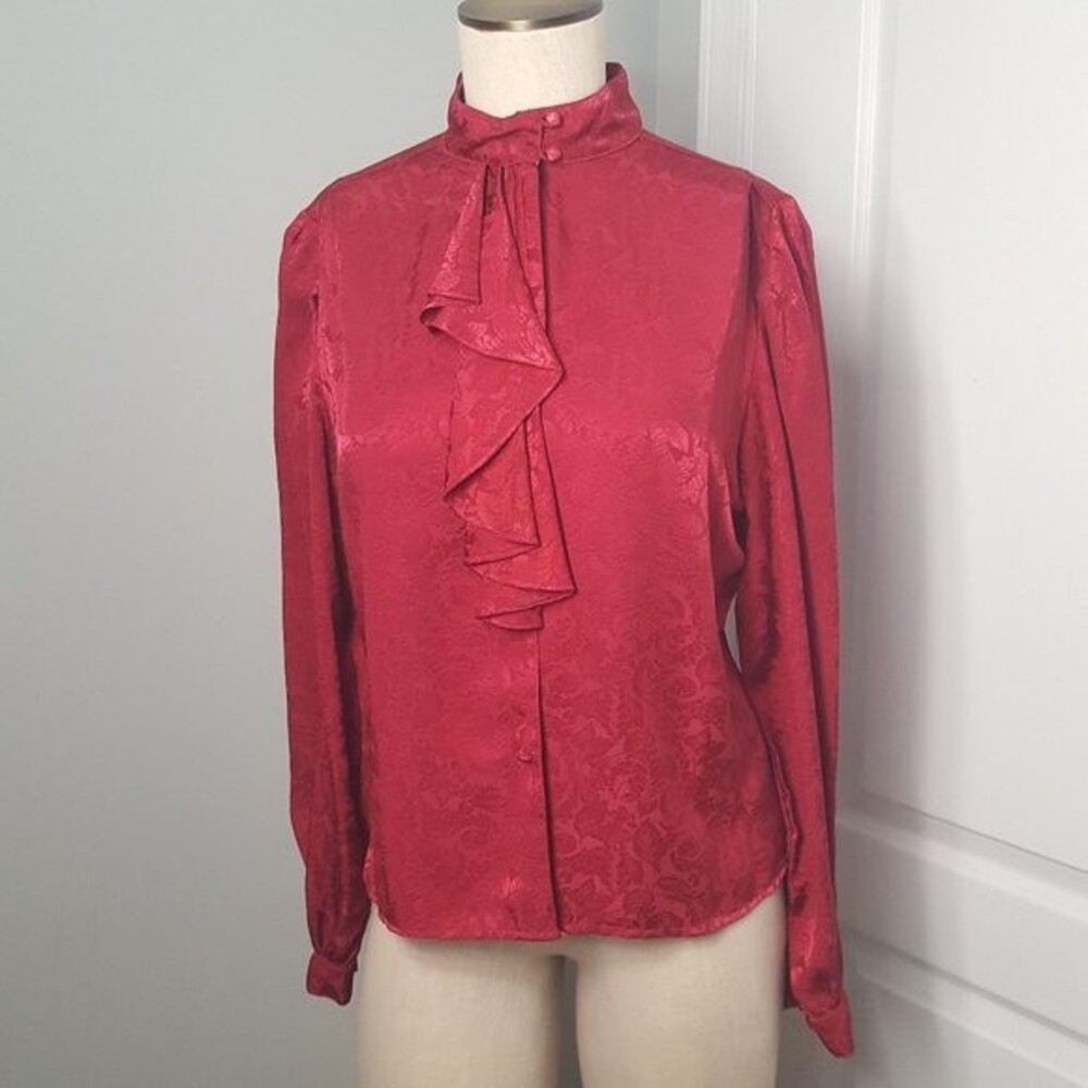 Vintage Red Floral 80's Retro Blouse with Ruffle
